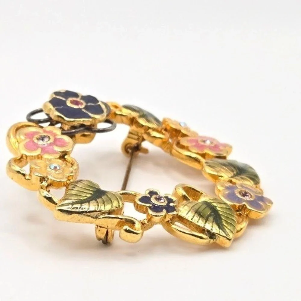 Kenneth Cole Floral Wreath Brooch Gold Tone Flowers Enamel Rhinestone‎